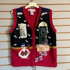 VTG Ugly Christmas Sweater Vest Women's M/M‎ Snowman Tree Door Wreath Holiday